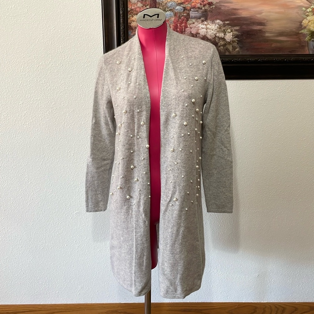 Charter Club Luxury Cashmere Long Sleeve Open Cardigan Gray Sweater Faux Pearls
